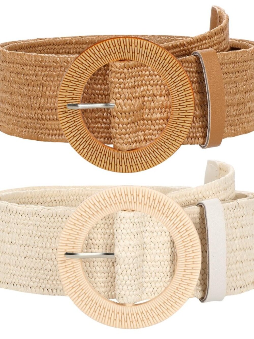 2 Pack Straw Woven Elastic Belt Braided Stretch Wide Boho Rattan Waist Belt for